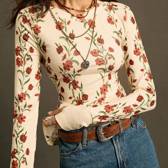 Apricot Boho Women's Elastic Ribbed Long Sleeve T-Shirt w/Floral Cinched Waist - Picture 5 of 6